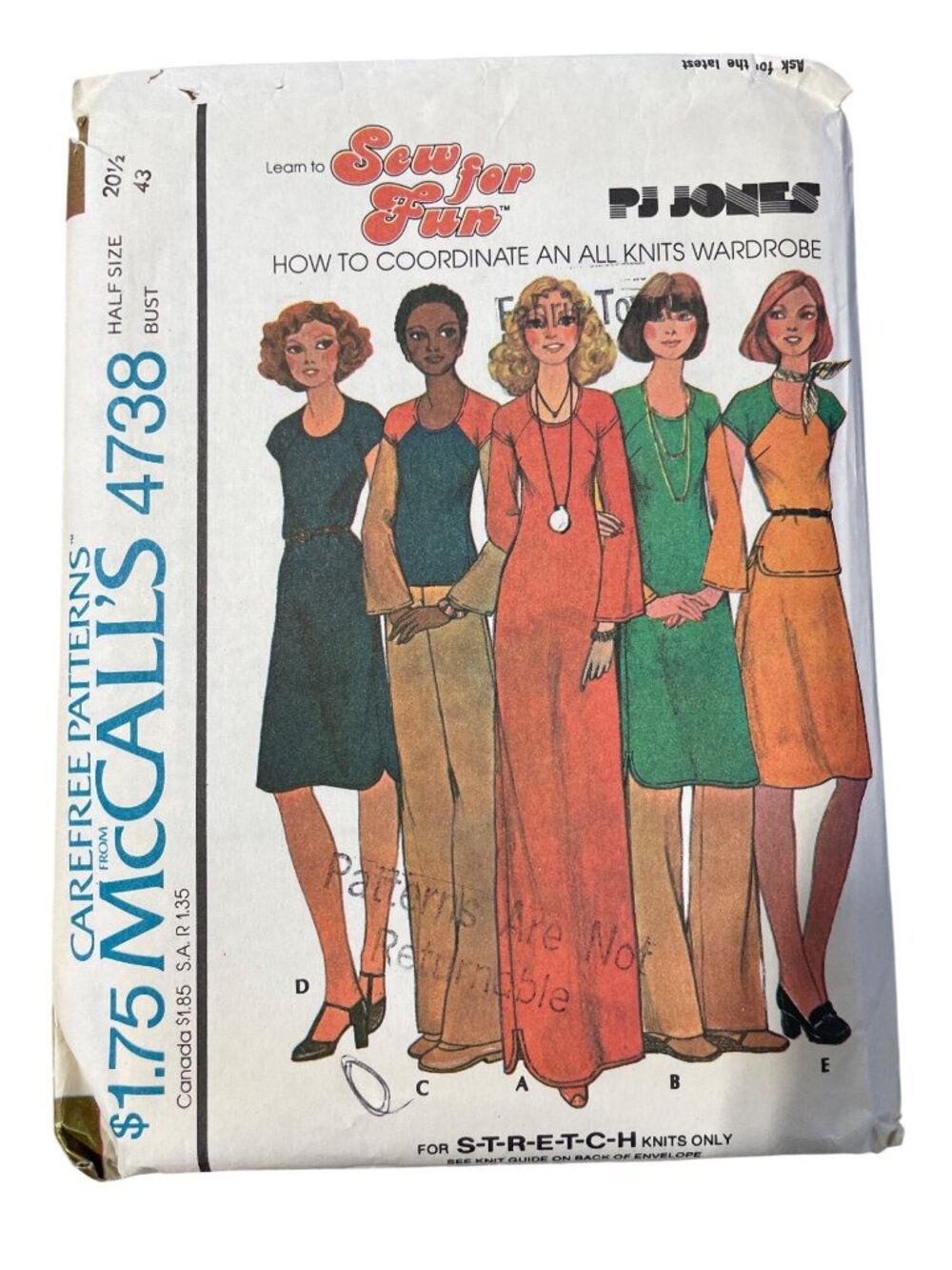 Vintage 70s McCalls 4738 Pattern Half Size 20.5 Dress Tunic Top Skirt Pant UNCUT